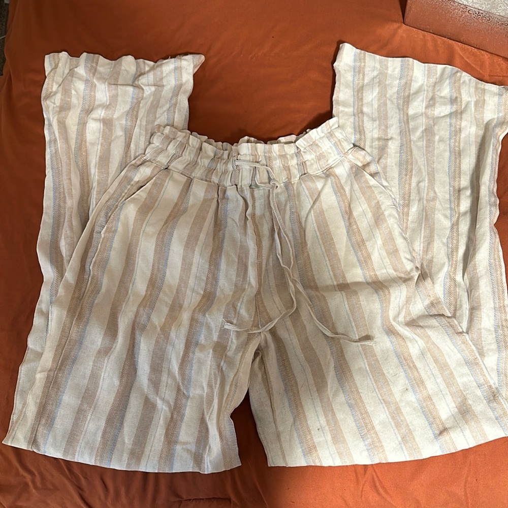 Tan striped linen pants